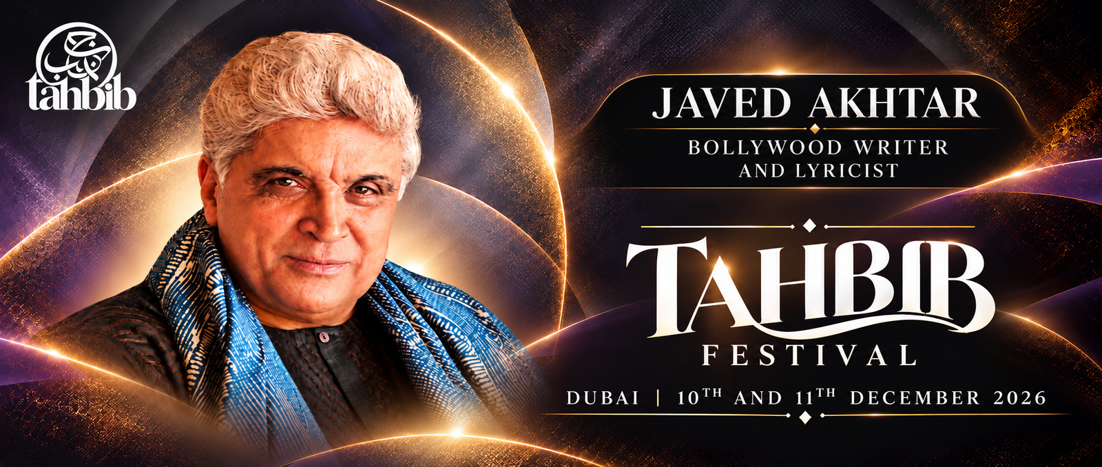 Tahbib Festival Dubai 2026 official banner featuring Javed Akhtar, 10 and 11 December